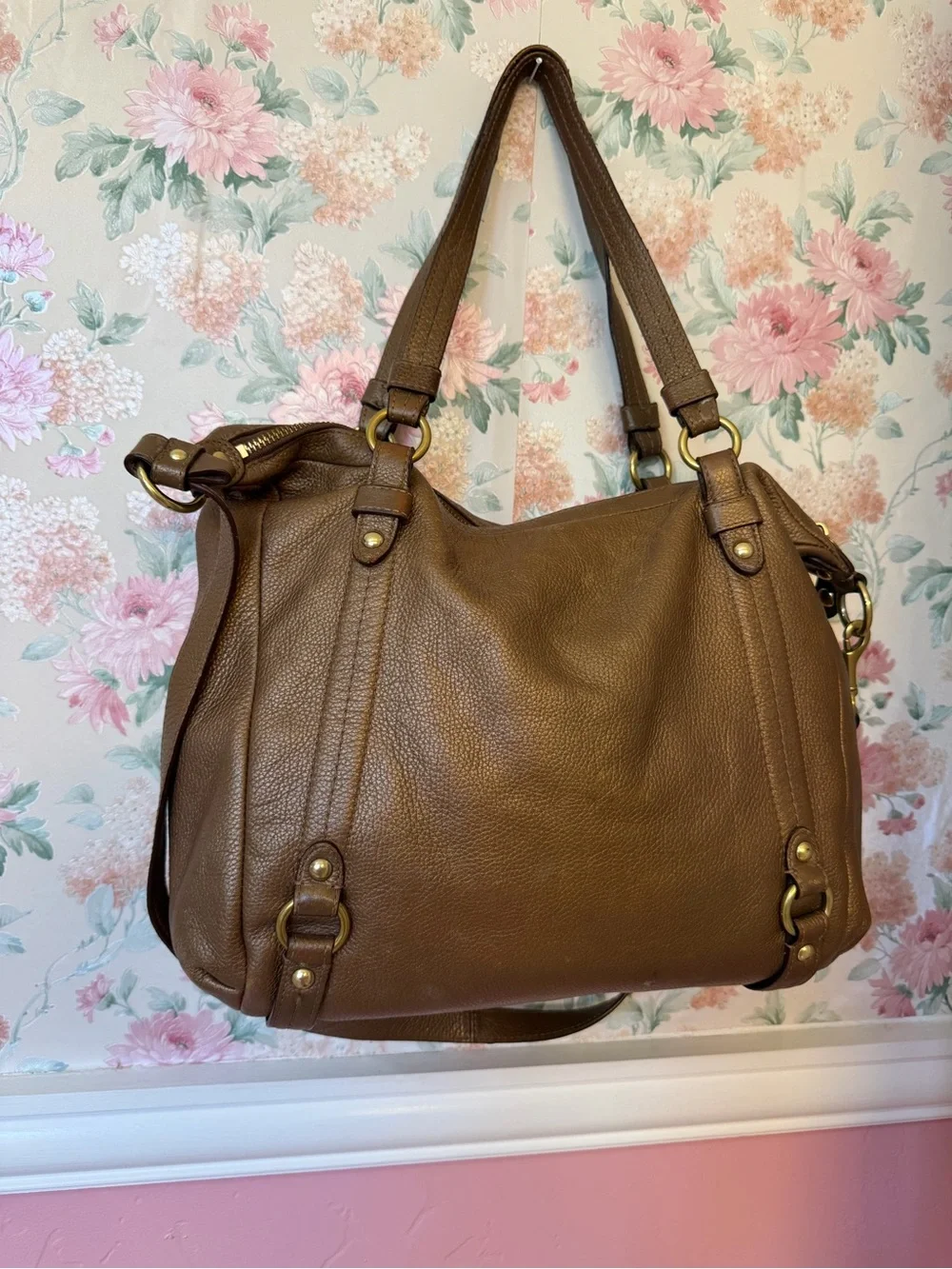 Y2K Brown Leather Shoulder Tote Bag with Gold Hardware